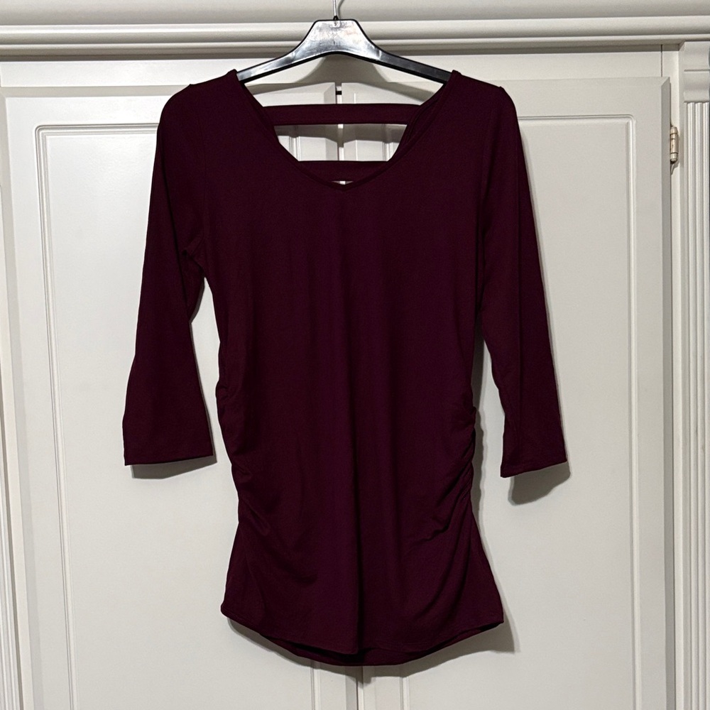 Maternity: Women’s Burgundy V-Neck 3/4 Sleeve Ruched Top